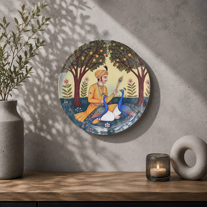 Royal Indian ceramic wall plate featuring elegant peacocks, traditional attire and garden artwork