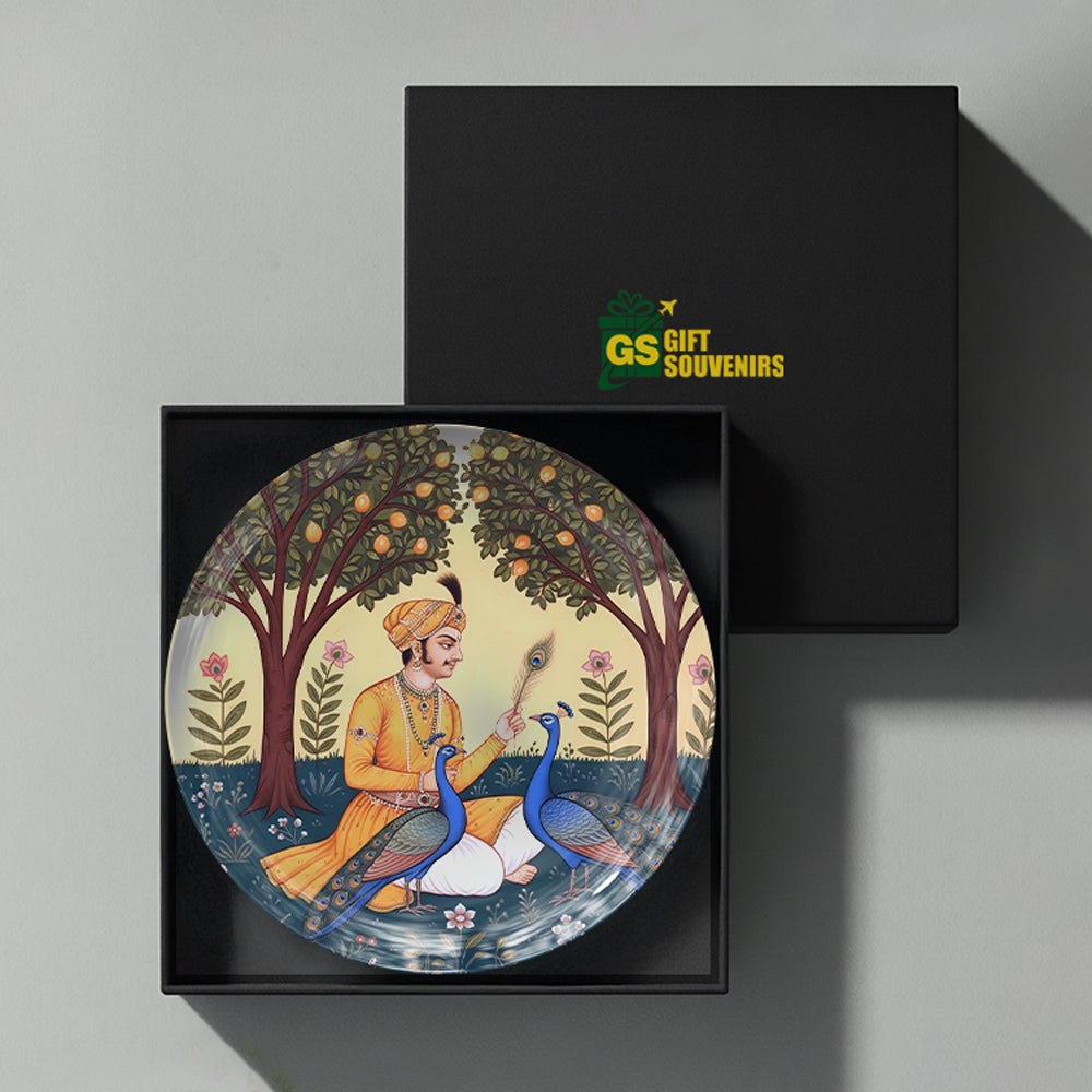 Premium Indian heritage ceramic wall plate featuring peacocks, royal artistry and garden scenery