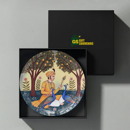 Premium Indian heritage ceramic wall plate featuring peacocks, royal artistry and garden scenery