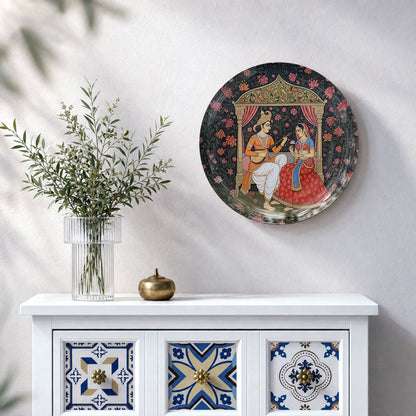 Royal romance ceramic wall plate featuring an elegant Indian couple and traditional musical artwork