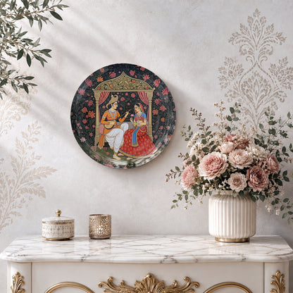 Indian heritage ceramic wall plate souvenir with royal couple, classical music and floral detailing