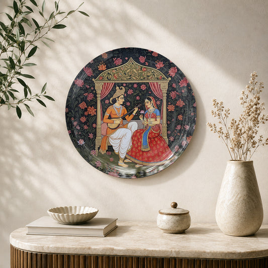 Melodies of Eternity royal romance ceramic wall plate featuring traditional Indian artwork and music
