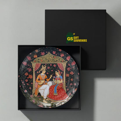 Premium Indian royal romance ceramic wall plate featuring traditional attire, music and floral artistry