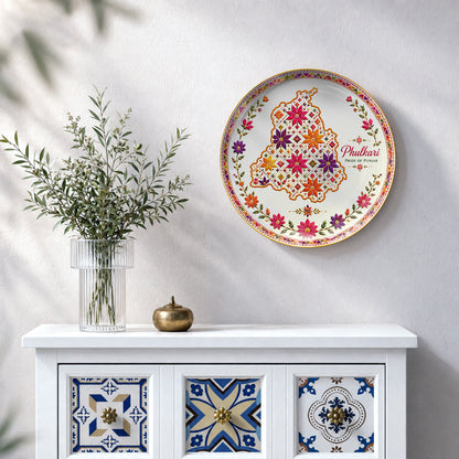 Punjab heritage ceramic wall plate souvenir with colourful Phulkari-inspired floral patterns