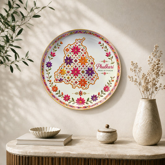 Phulkari Pride of Punjab ceramic wall plate souvenir with colourful Punjab map and floral artwork