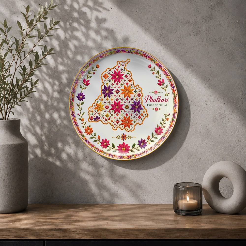 Punjab map ceramic wall plate with vibrant Phulkari floral artwork and traditional detailing