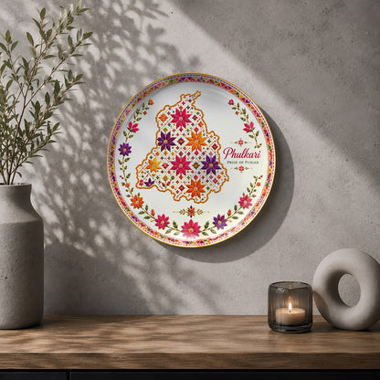 Punjab map ceramic wall plate with vibrant Phulkari floral artwork and traditional detailing