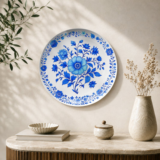 Azure Bloom timeless floral ceramic wall plate featuring intricate blue flowers and botanical motifs