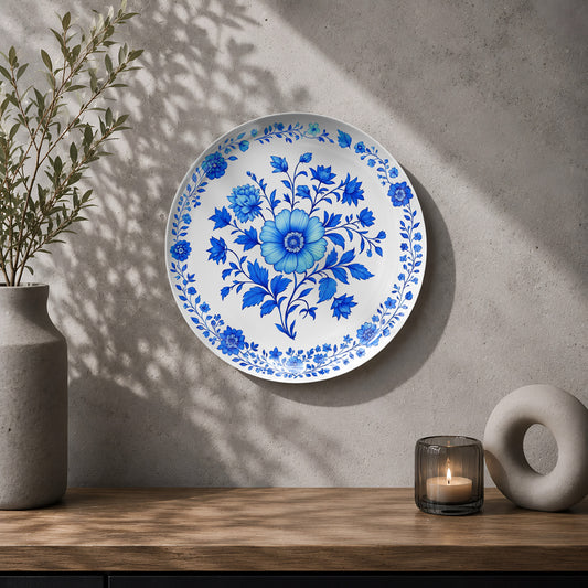 Blue and white floral ceramic wall plate souvenir with elegant botanical artwork
