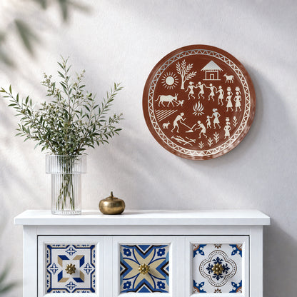 Indian heritage ceramic wall plate featuring Warli figures, village life, animals and nature