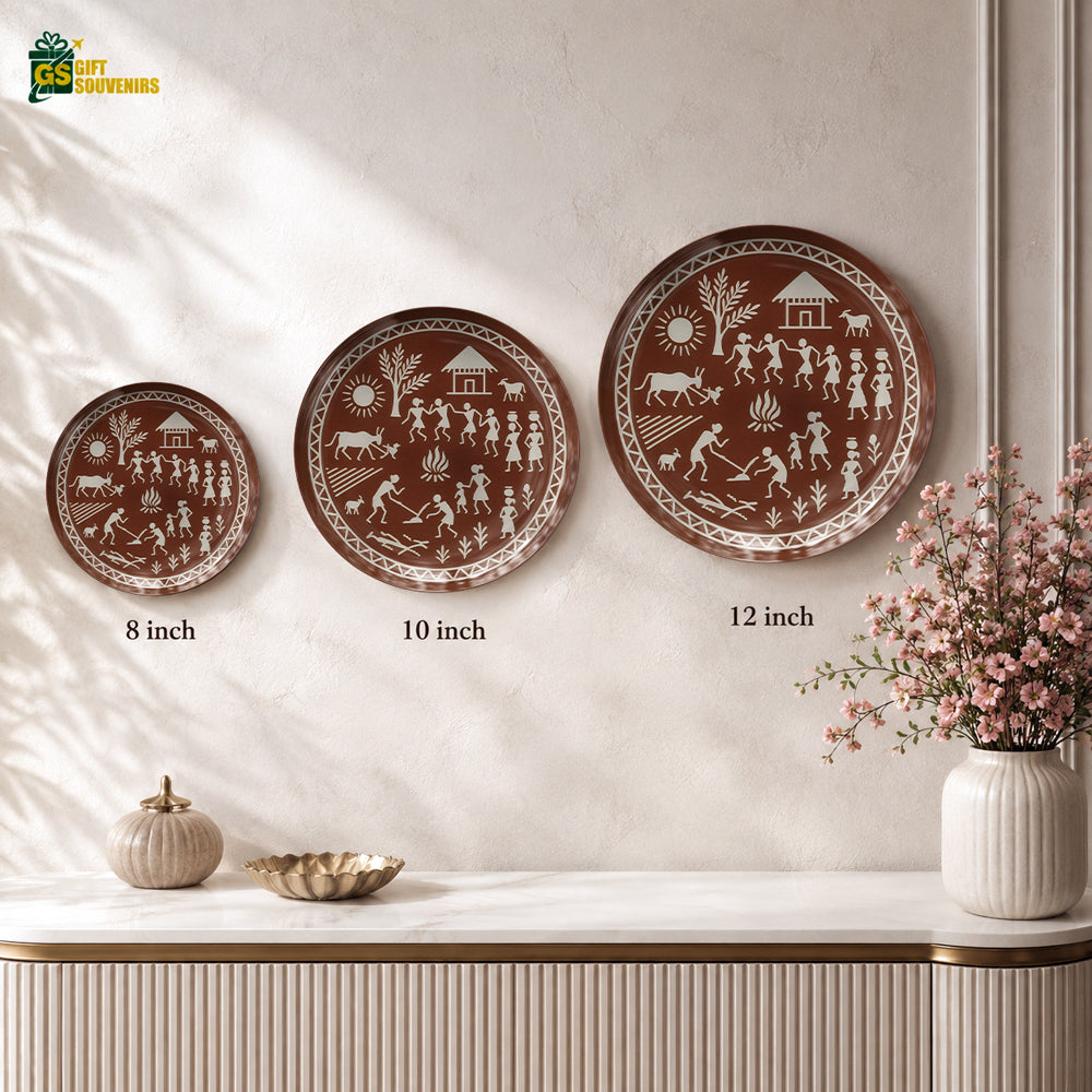 Indian folk art ceramic wall plate souvenir with Warli village artwork and premium gift box