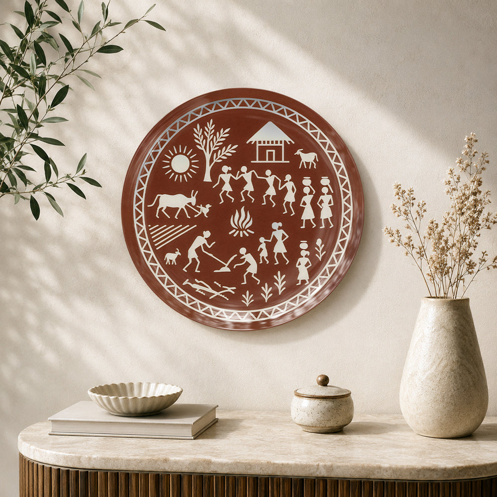 Circle of Life Warli ceramic wall plate featuring traditional Indian village folk art