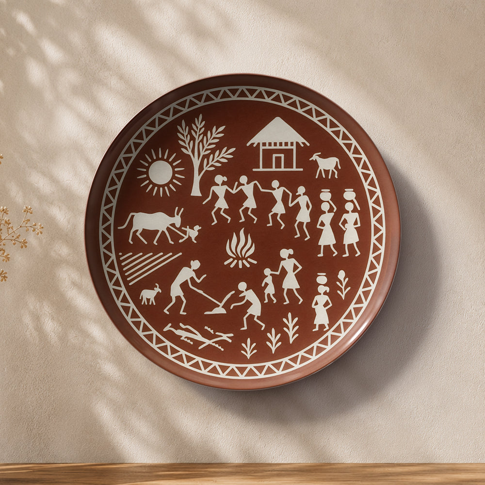 Warli village story ceramic wall plate souvenir inspired by Maharashtra folk art