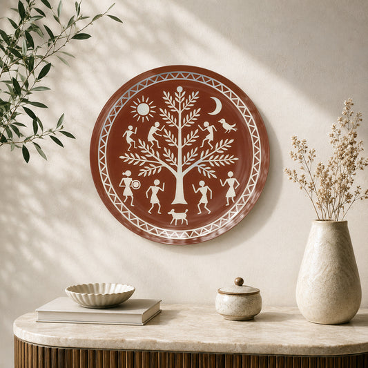 Rhythms of the Earth Warli ceramic wall plate featuring traditional Indian folk art and nature