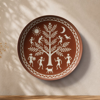 Warli heritage ceramic wall plate souvenir inspired by Maharashtra folk art and village traditions