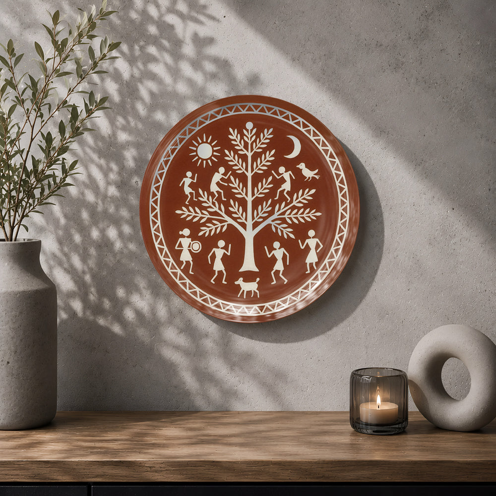 Rhythms of the Earth ceramic wall plate inspired by traditional Warli art and rural Indian life