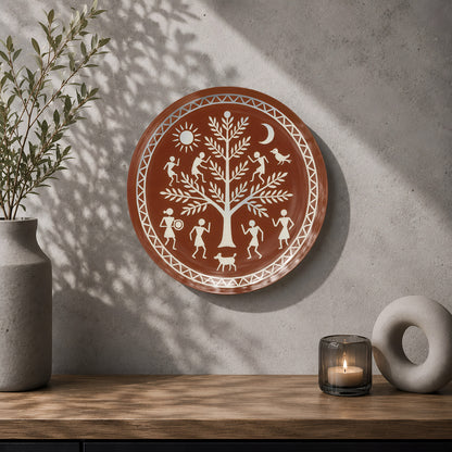 Rhythms of the Earth ceramic wall plate inspired by traditional Warli art and rural Indian life