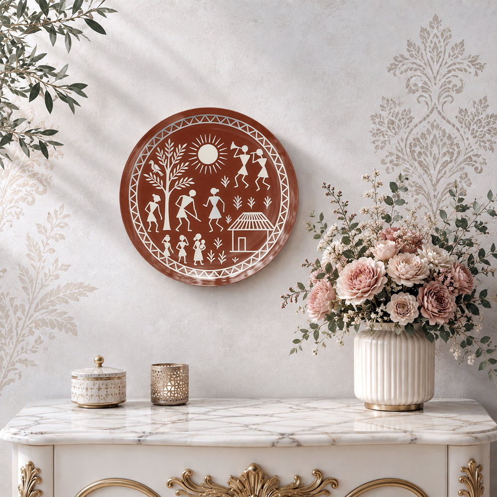Warli folk art ceramic wall plate souvenir for Indian heritage home décor and gifting