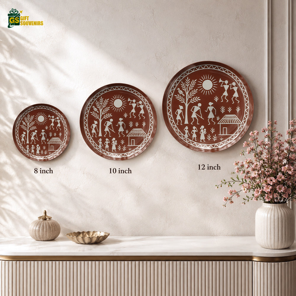 Indian folk art ceramic wall plate souvenir with Warli artwork and premium gift box