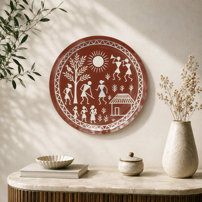 Songs of the Village Warli ceramic wall plate featuring traditional Indian folk art and village life