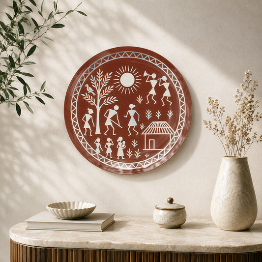 Songs of the Village Warli ceramic wall plate featuring traditional Indian folk art and village life