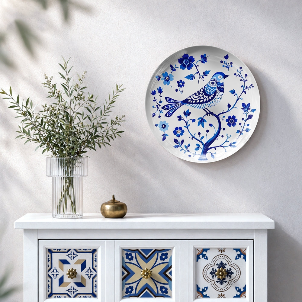 Azure Harmony ceramic wall plate featuring a decorative bird with intricate blue floral patterns