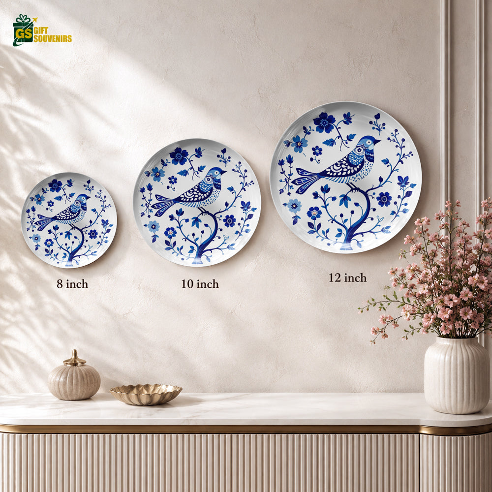 Premium bird ceramic art plate featuring cobalt blue flowers, leaves and delicate botanical details