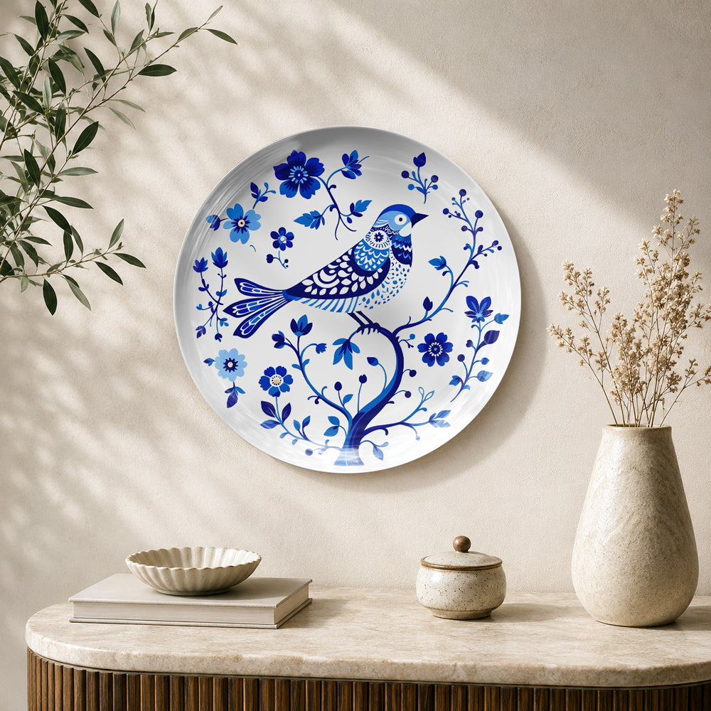 Azure Harmony nature-inspired bird ceramic wall plate featuring blue floral and botanical artwork