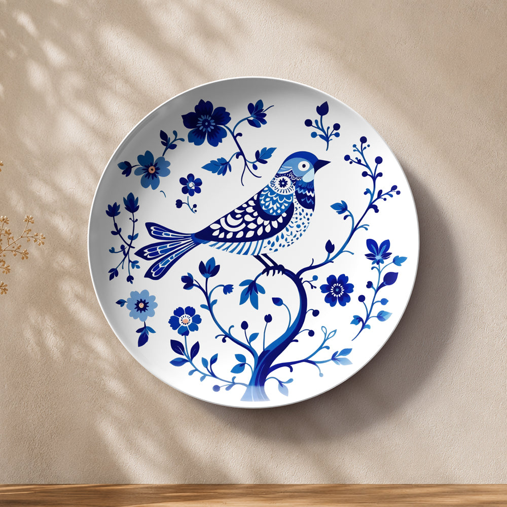Nature-inspired ceramic art plate featuring a graceful bird surrounded by blue botanical motifs