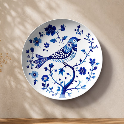 Nature-inspired ceramic art plate featuring a graceful bird surrounded by blue botanical motifs