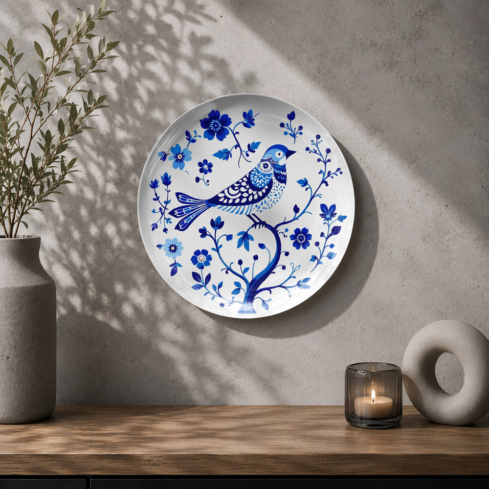 Blue and white bird ceramic wall plate souvenir with intricate flowers, leaves and decorative vines