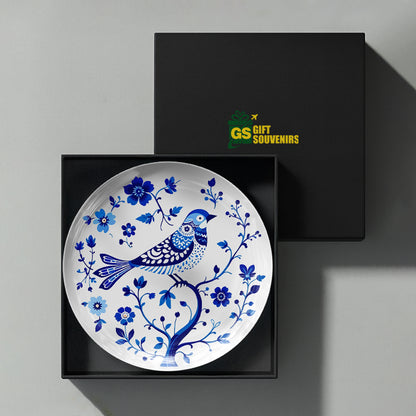 Nature art ceramic wall plate souvenir with premium gift box and elegant blue bird artwork